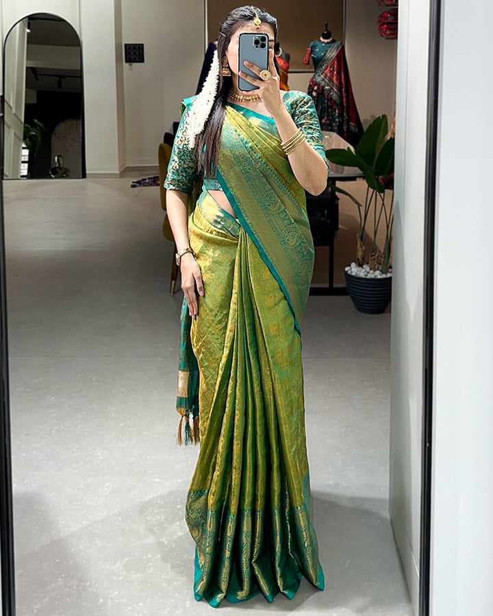 Designer Parrot Color Kanjivaram Saree With Zari Weaving Work