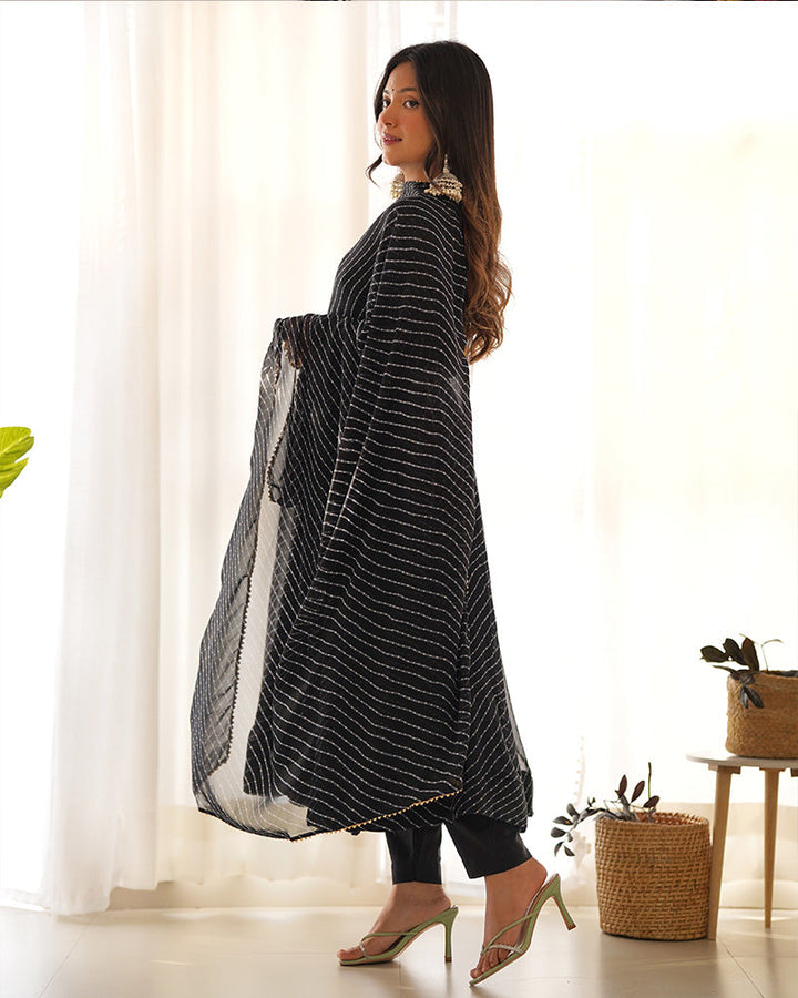 Black Color Laheriya Print Georgette Three Piece Anarkali Suit
