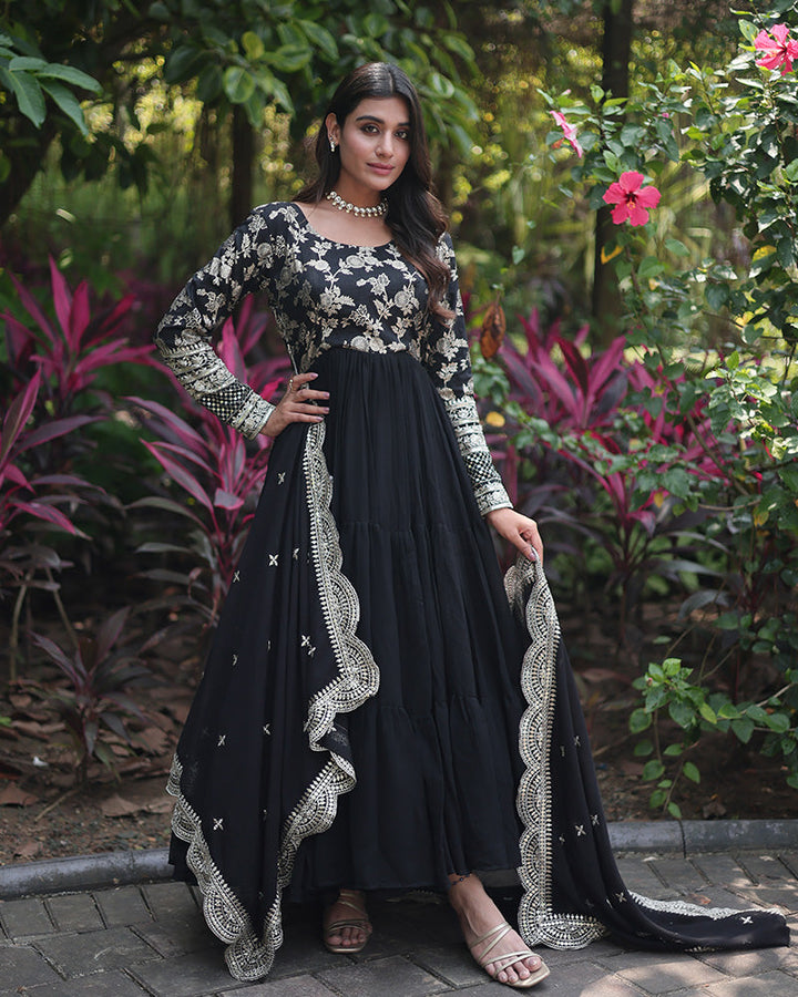 Black Color Anarkali Gown With Faux Blooming Dupatta