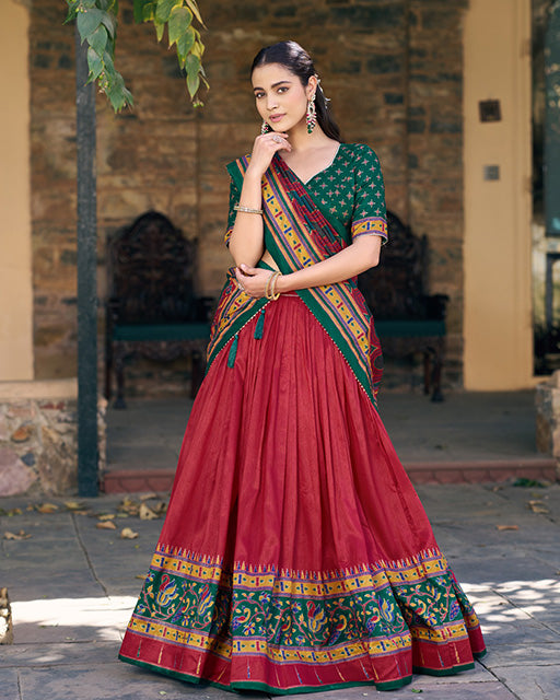 Red Color Tasar Silk Traditional Lehenga Choli