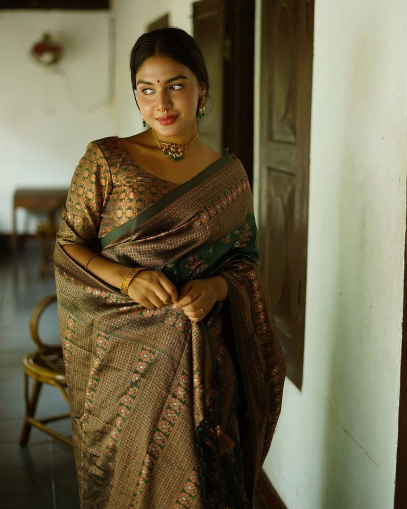Green Color Floral Soft Lichi Silk Saree