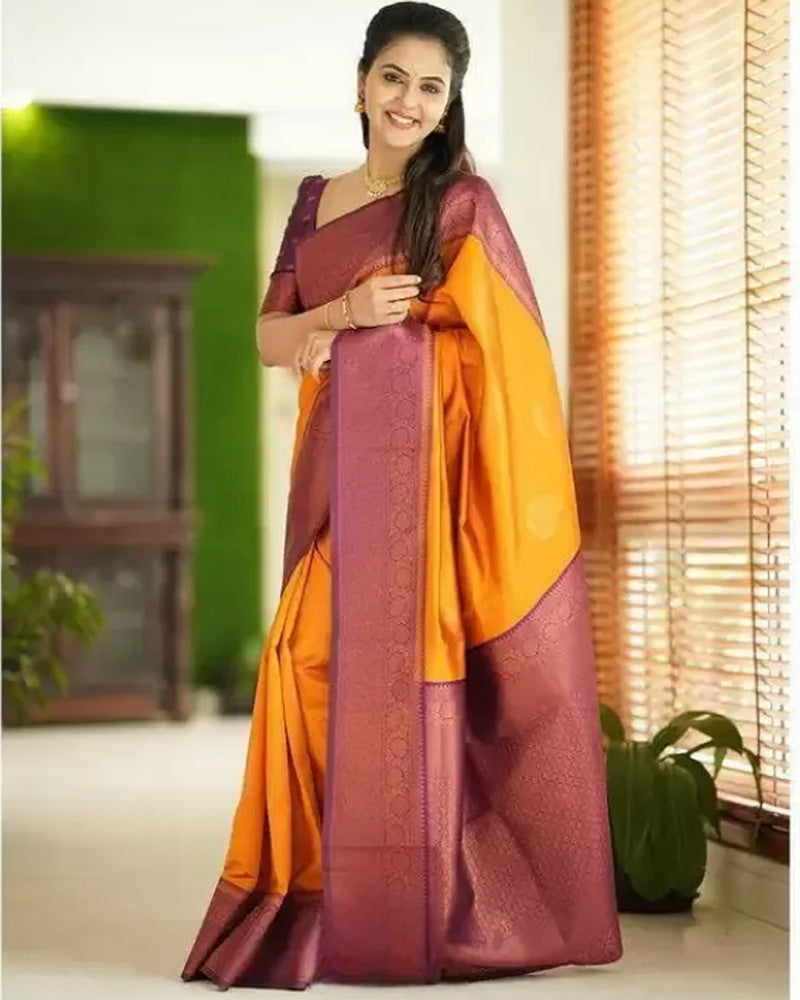 Designer Mustard Color Jacquard Banarasi Silk Saree
