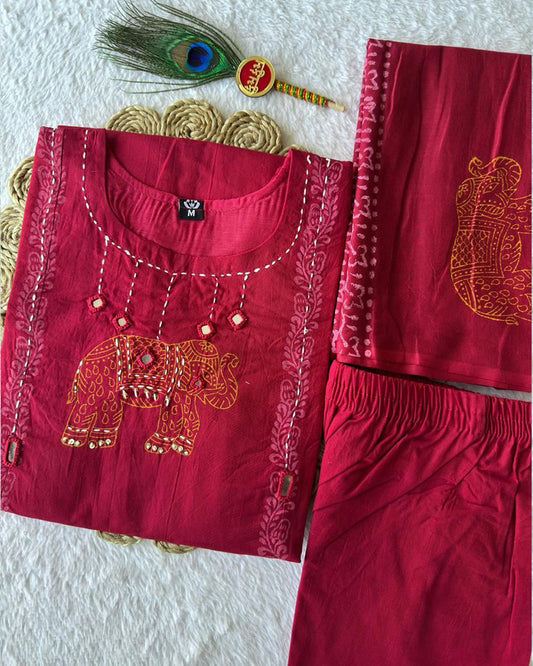 Cherry Red Color Pure Cotton Three Piece Kurti Suit