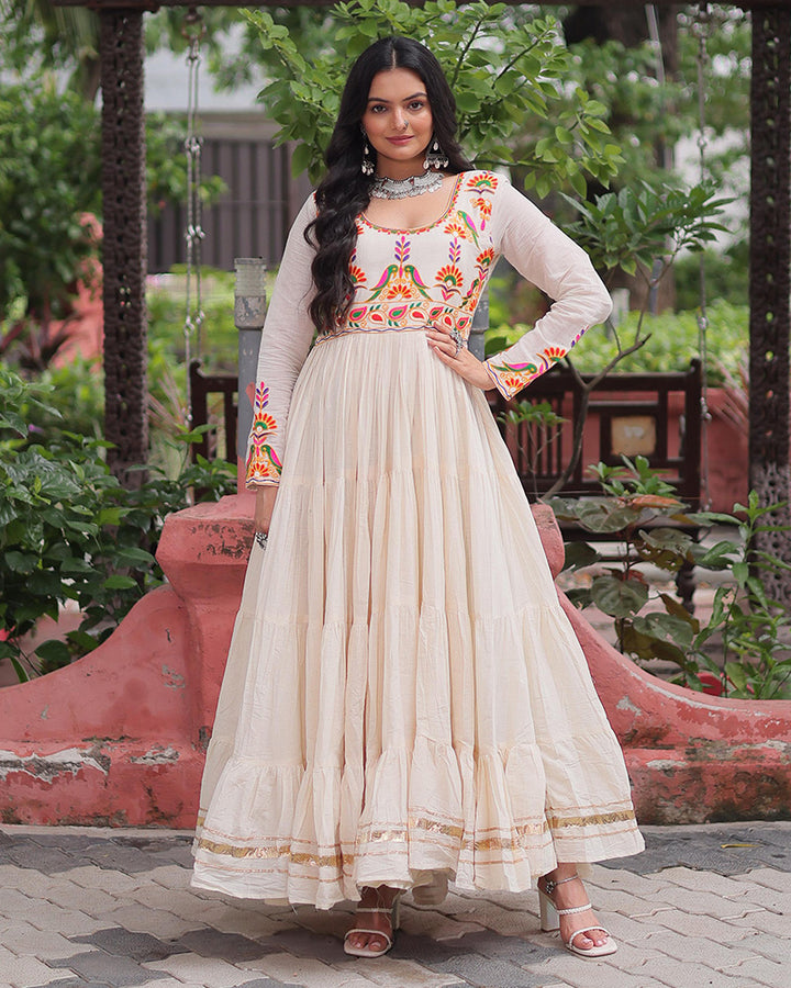 Elegant Off-White Kora Cotton Mirror Work Navratri Gown