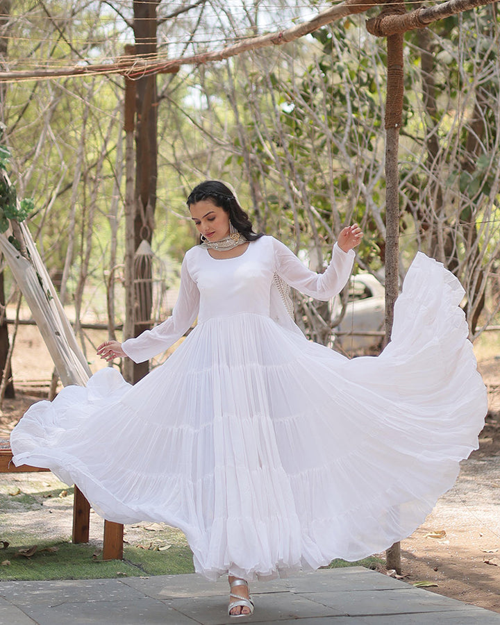 White Color Faux Blooming Gown With Embroidered Dupatta