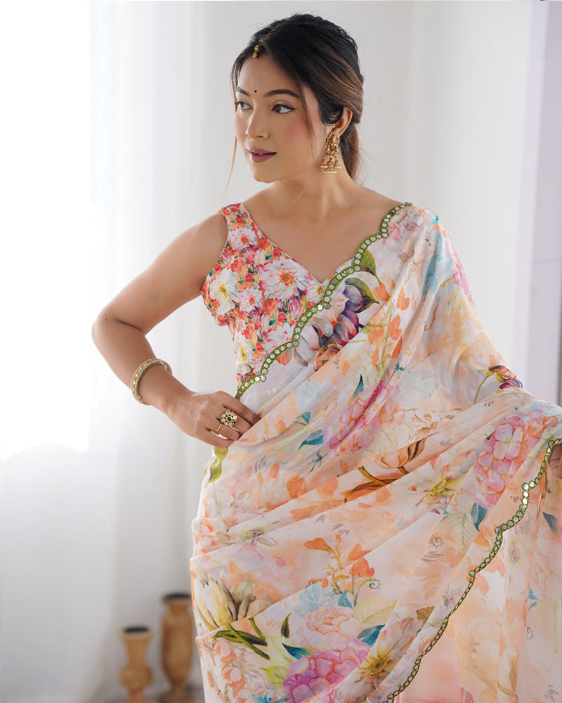 Peach Color Chinnon Silk Printed Saree