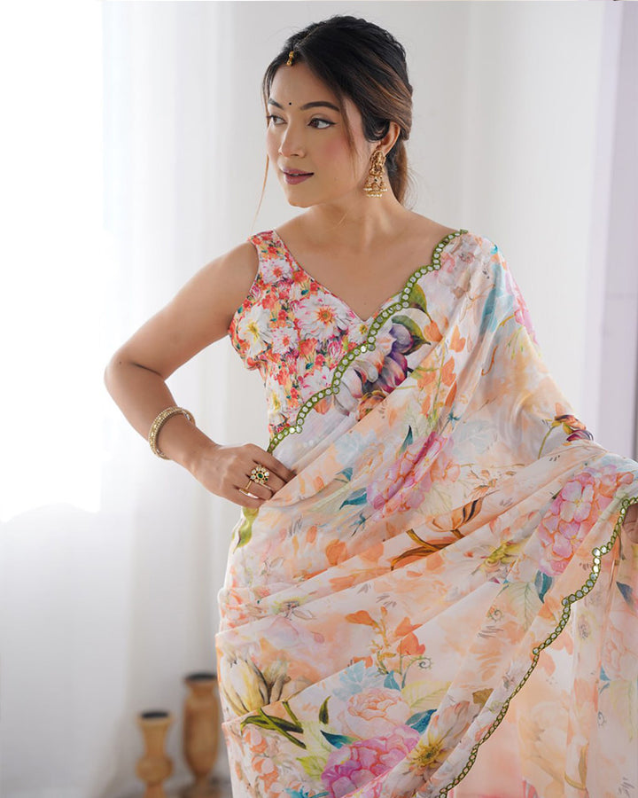 Peach Color Chinnon Silk Printed Saree
