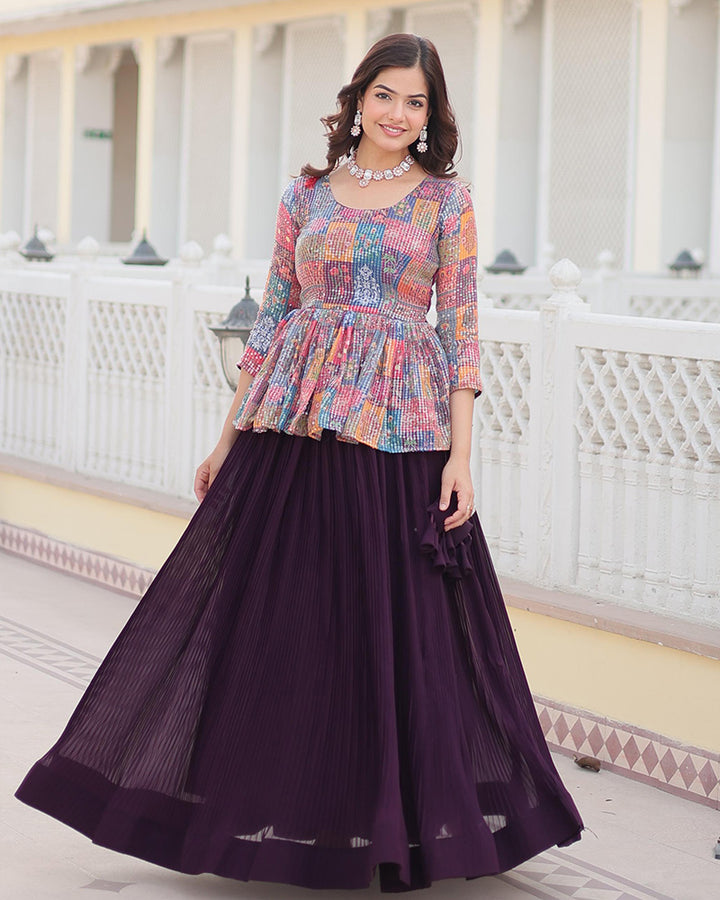 Wine Color Faux Blooming Crop Top Lehenga Choli