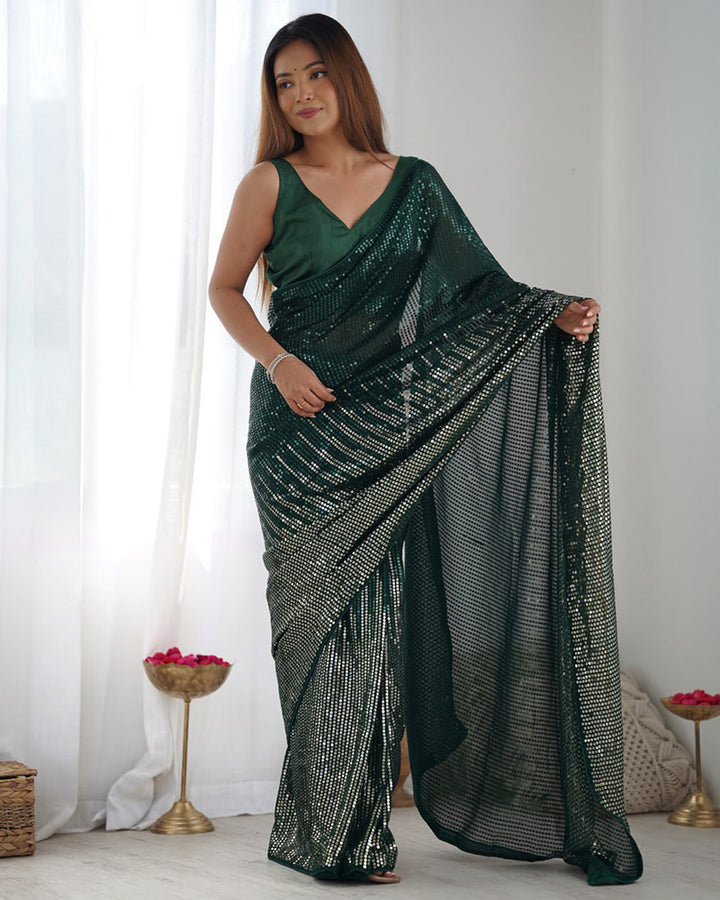 Green Color Heavy Georgette Sequence Embroidered Saree