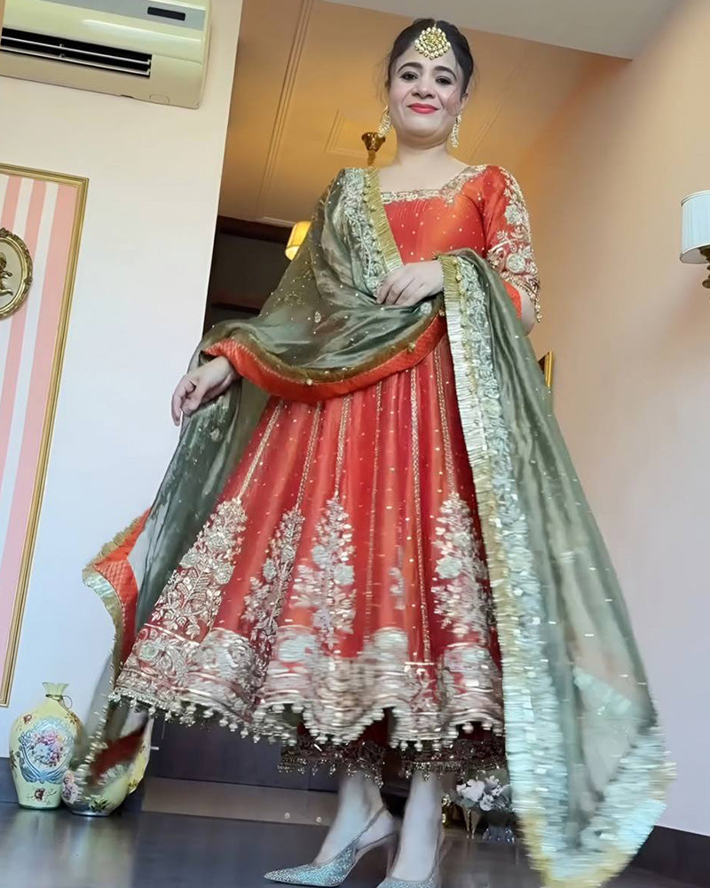 Orange Color Fandy Satin Embroidered Three Piece Anarkali Suit