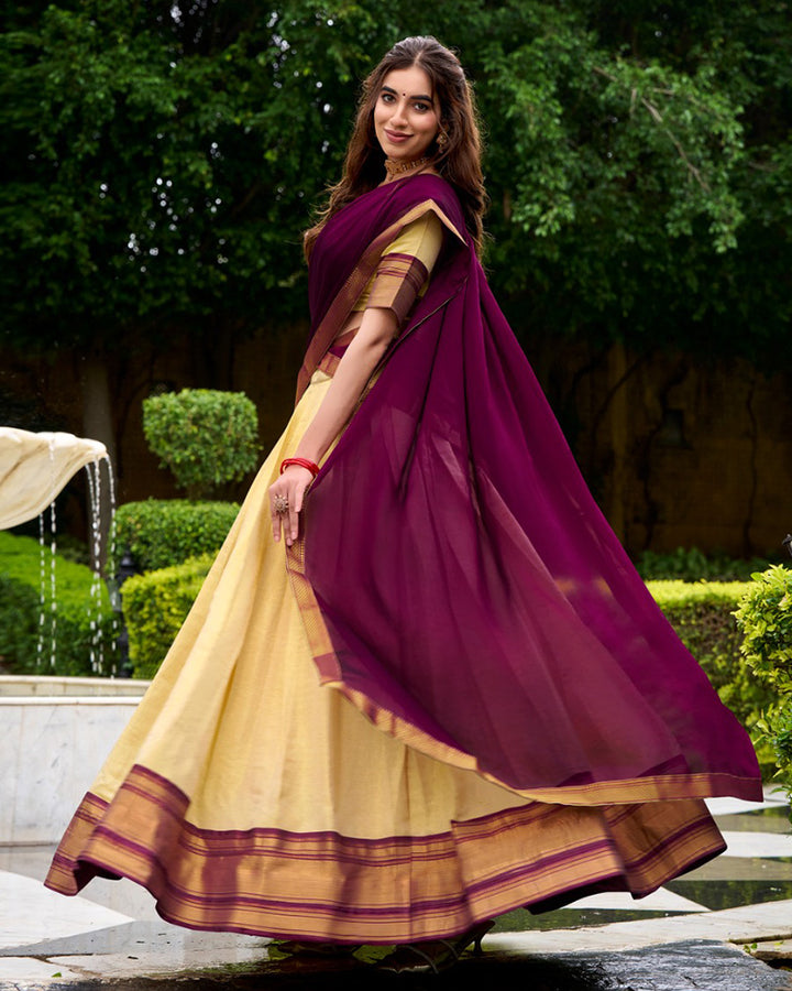 Wine Kanchipuram Silk Half Saree Zari Weaving