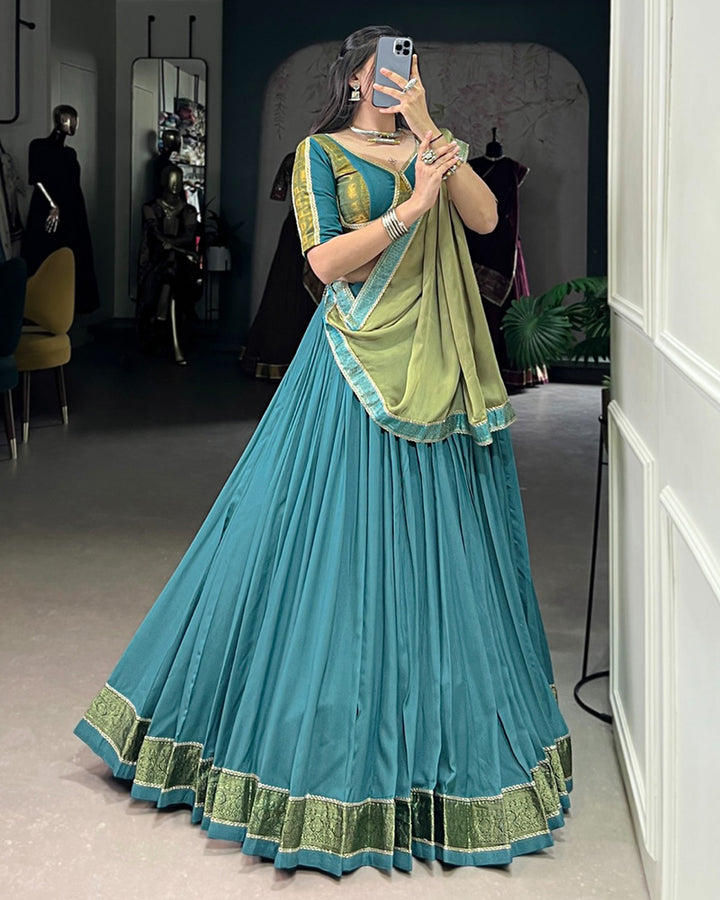 Teal Green Color Rayon Zari Weaving Navratri Lehenga Choli