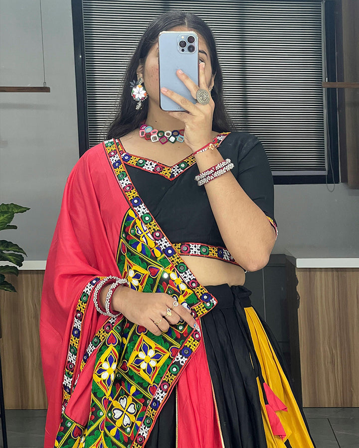 Black Color Designer Pure Rayon Cotton Gamthi Work Navratri Lehenga Choli
