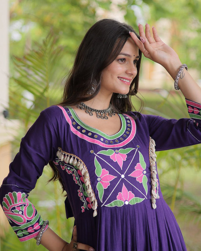 Two Color Kora Cotton with Multi Thread Embroidered Navratri Gown