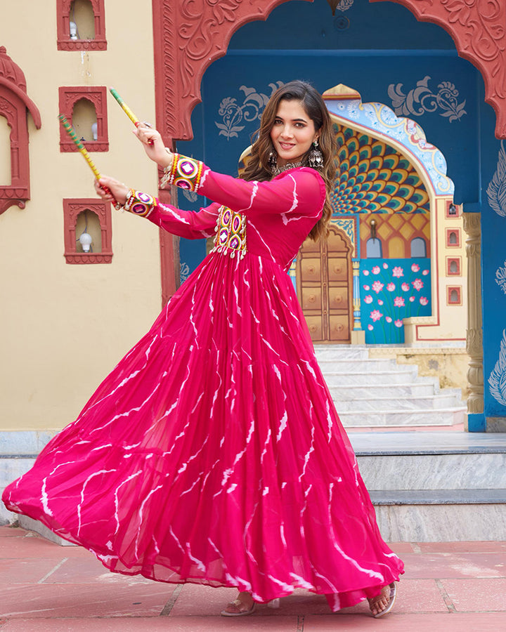 Navratri Special Pink Color Faux Georgette Laheriya Print Gown