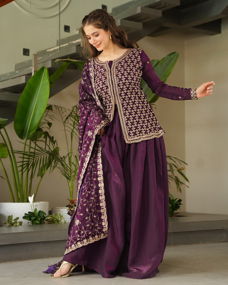 Elegant Wine Embroidered Sharara Set with Dupatta