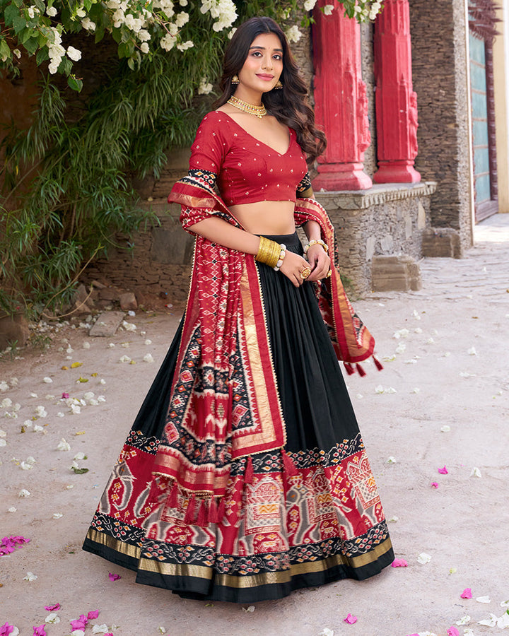 Designer Patola Printed Black Color Tussar Silk Lehenga Choli
