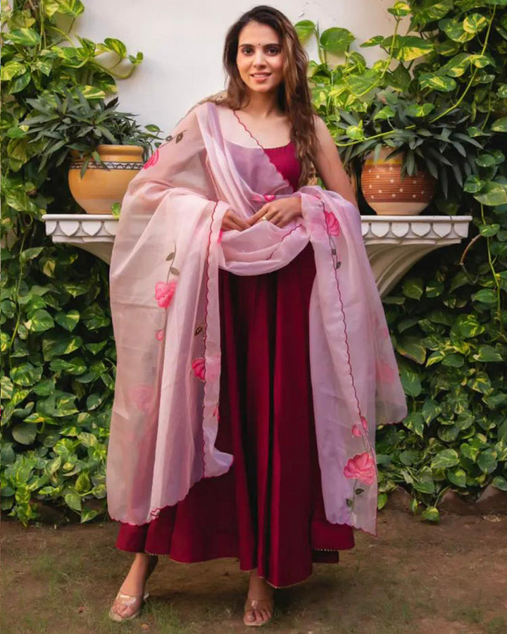 Reddish Maroon Color Pure Chinon Three Piece Anarkali Suit