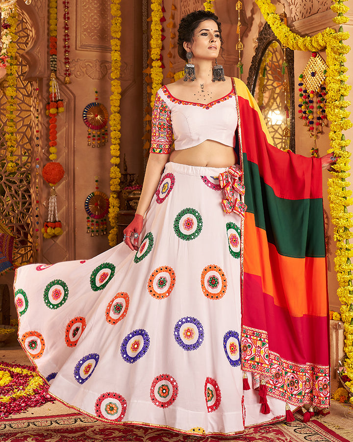 White Traditional Choli With Colorful Embroidery And Mirror