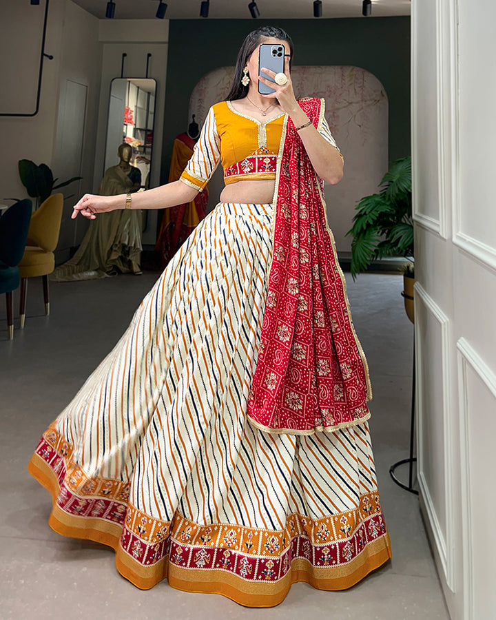 Laheriya And Patola Print Mustard Color Cotton Fully Stitched Lehenga Choli