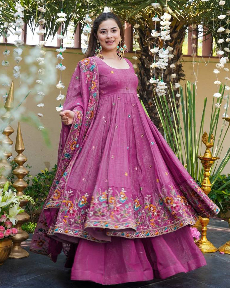 Onion Color Crunchy Silk Embroidered Sharara Suit