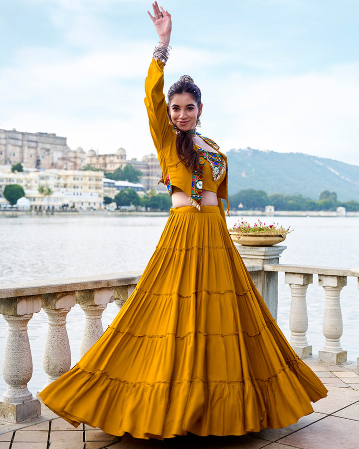 Mustard Color Pure Rayon Ruffle Style Navratri Lehenga Choli