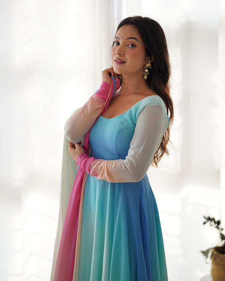 Multi Color Georgette Anarkali With Pant And Dupatta
