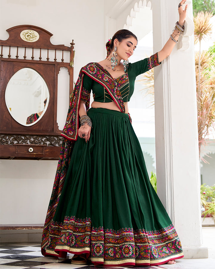 Green Color Tasar Silk Gamthi Printed Navratri Lehenga Choli
