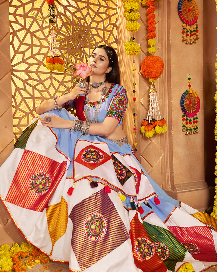 Traditional Sky Blue Color Mirror Work Navratri Lehenga Choli