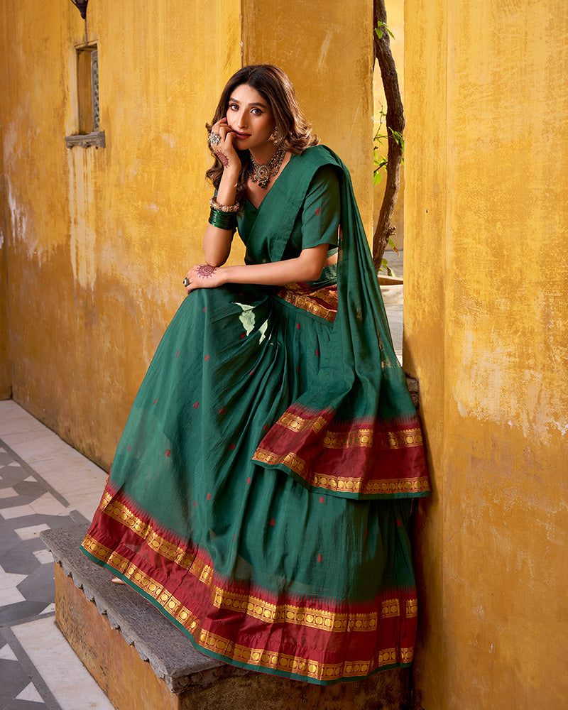 Traditional Teal Green Color Chanderi Half Saree With Zari Detailing
