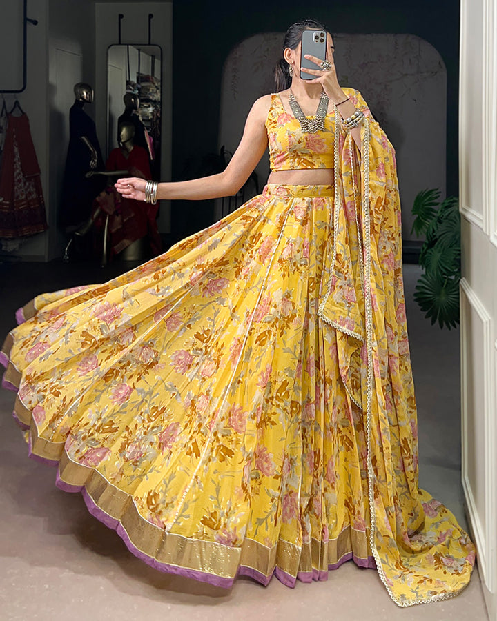 Yellow Color Chiffon Floral And Foil Printed Lehenga Choli