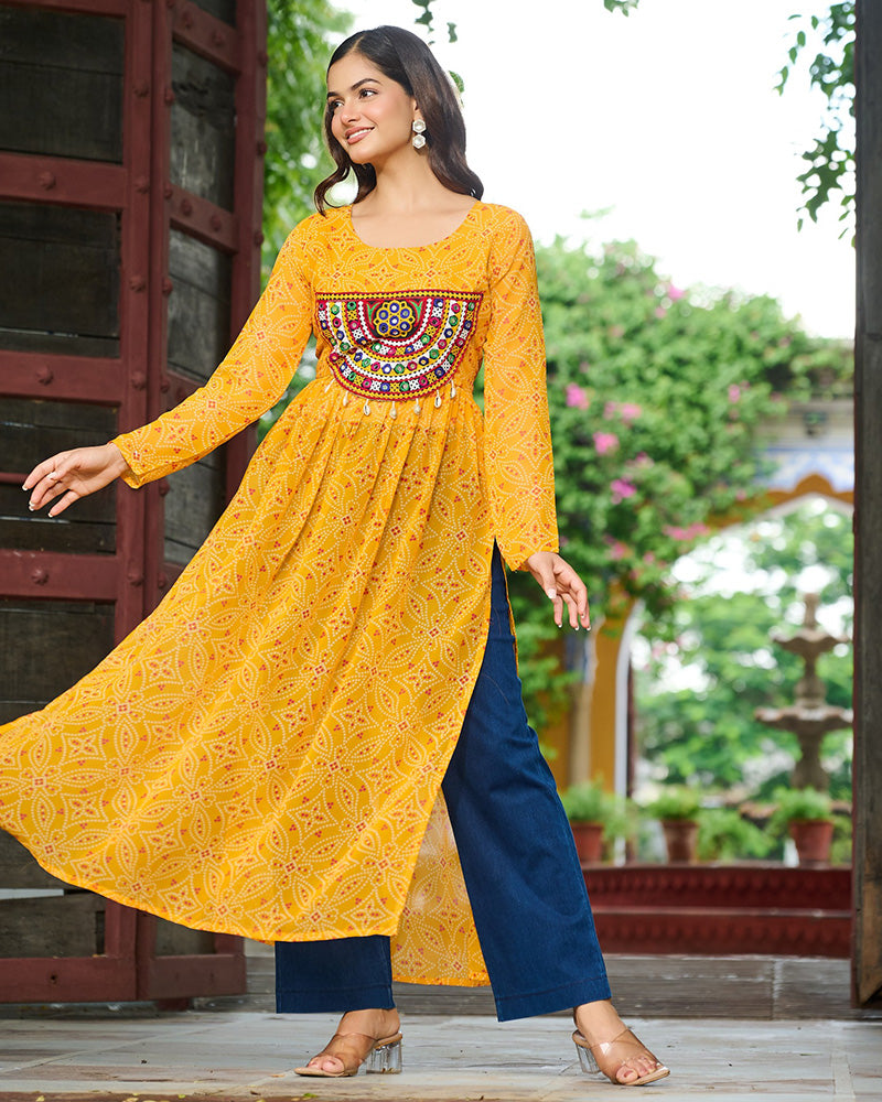 Elegant Yellow Georgette Bandhani Print Kurti
