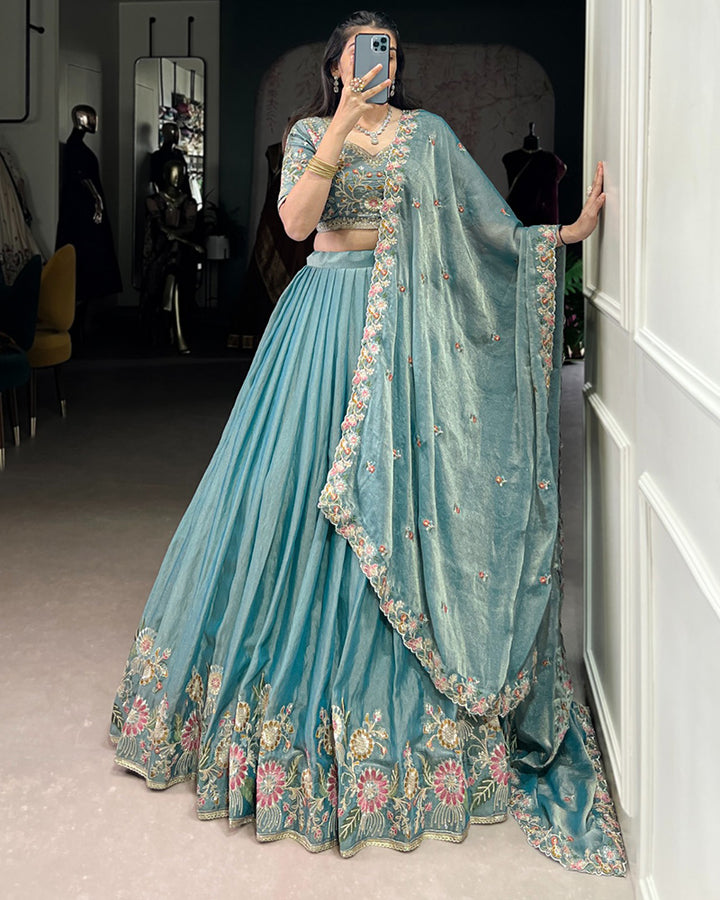 Designer Sky Blue Color Zari Shimmer Lehenga Choli