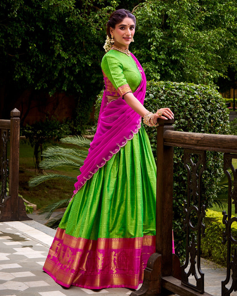 Parrot Green Color Poly Cotton Zari Weaving Half Saree