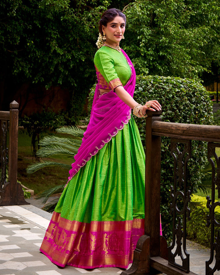 Parrot Green Color Poly Cotton Zari Weaving Half Saree