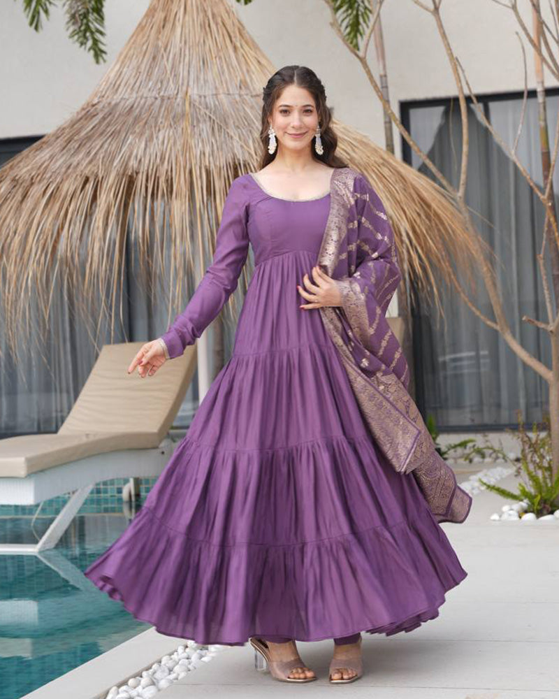 Dusty Purple Color Roman Chanderi Silk Ruffle Style Anarkali Suit