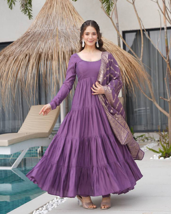 Dusty Purple Color Roman Chanderi Silk Ruffle Style Anarkali Suit