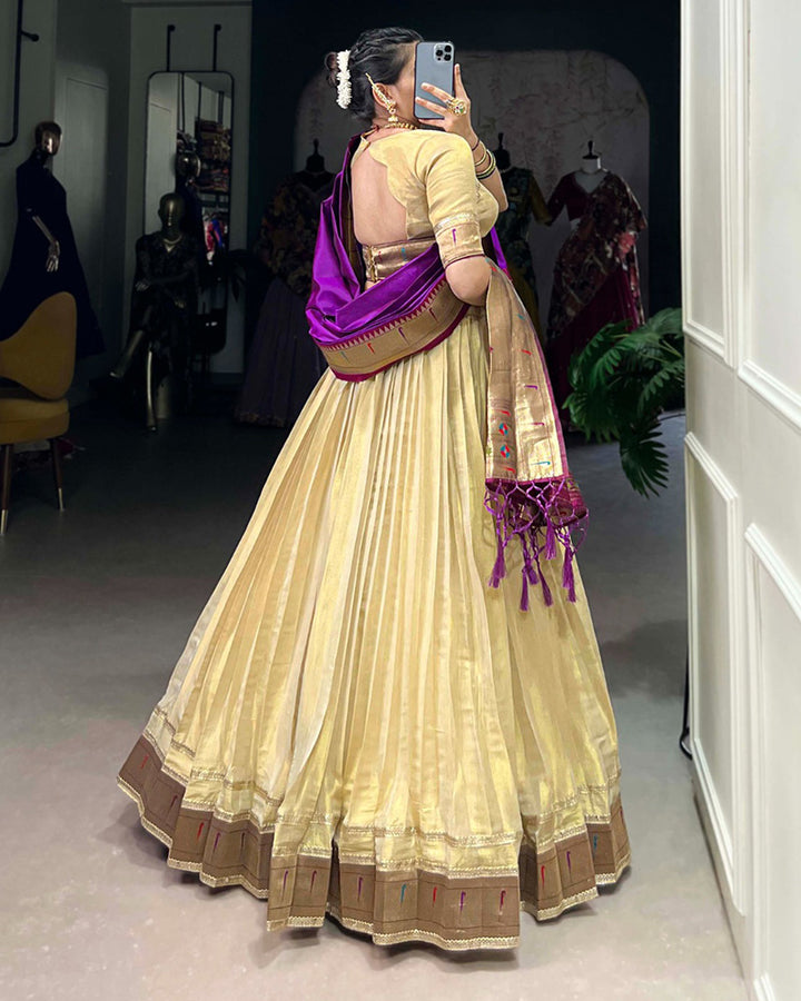 Designer Cream Color Erode Jacquard Paithani Silk Lehenga Choli