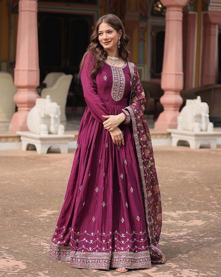 Beautiful Wine Color Chinnon Gown With Embroidered Dupatta