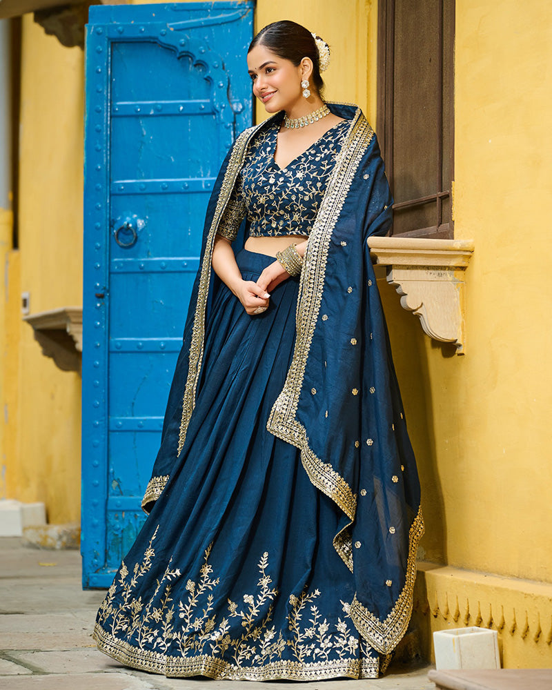 Rama Color Vichitra Silk Sequence Embroidered Lehenga Choli