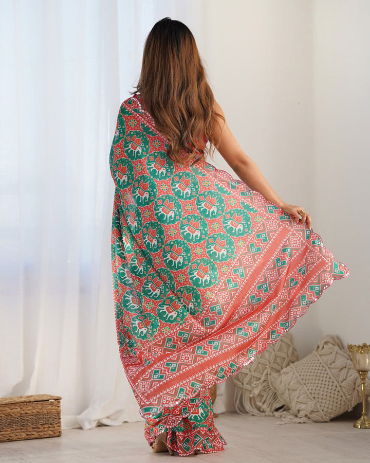 Bottle Green Color Chinnon Silk Printed Saree