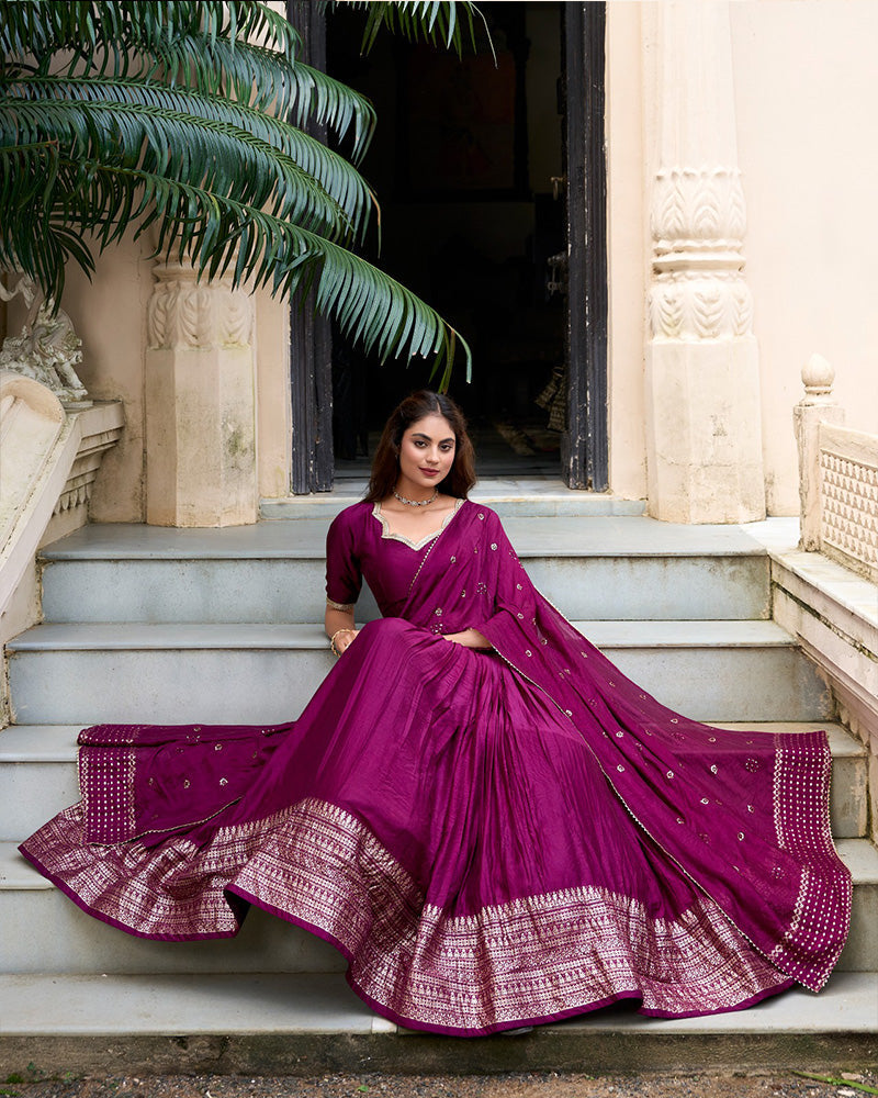 Wine Color Pure Chanderi Plain Navratri Half Saree