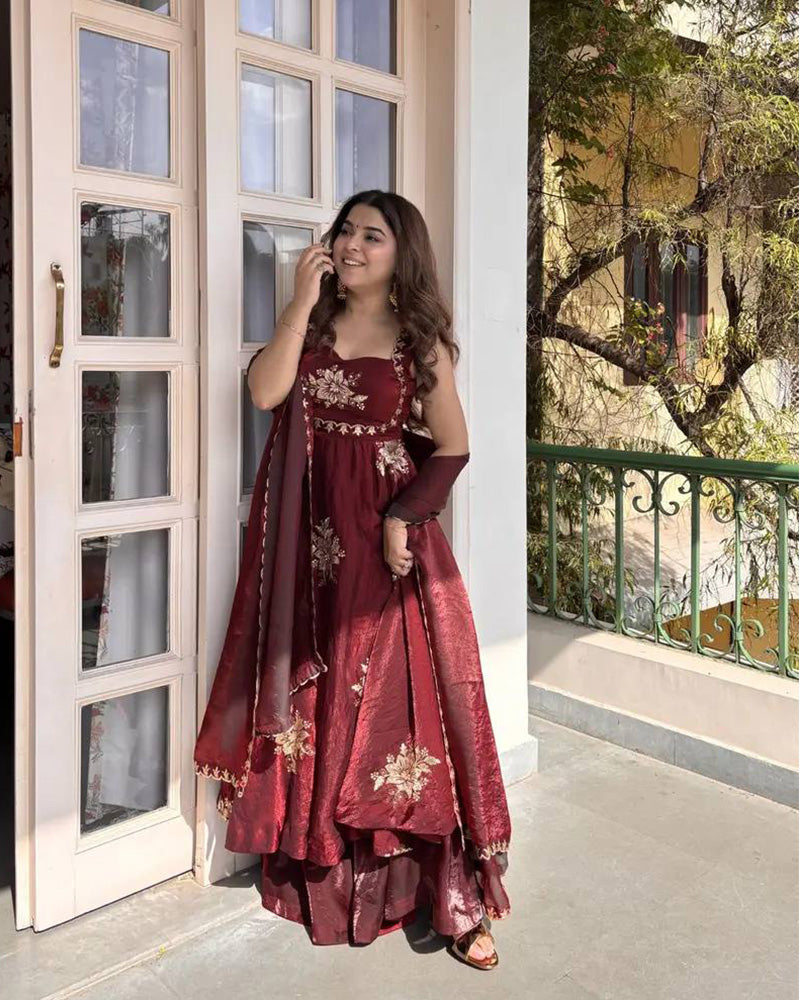Maroon Color Fendi Satin Zari Sequence Party Gown