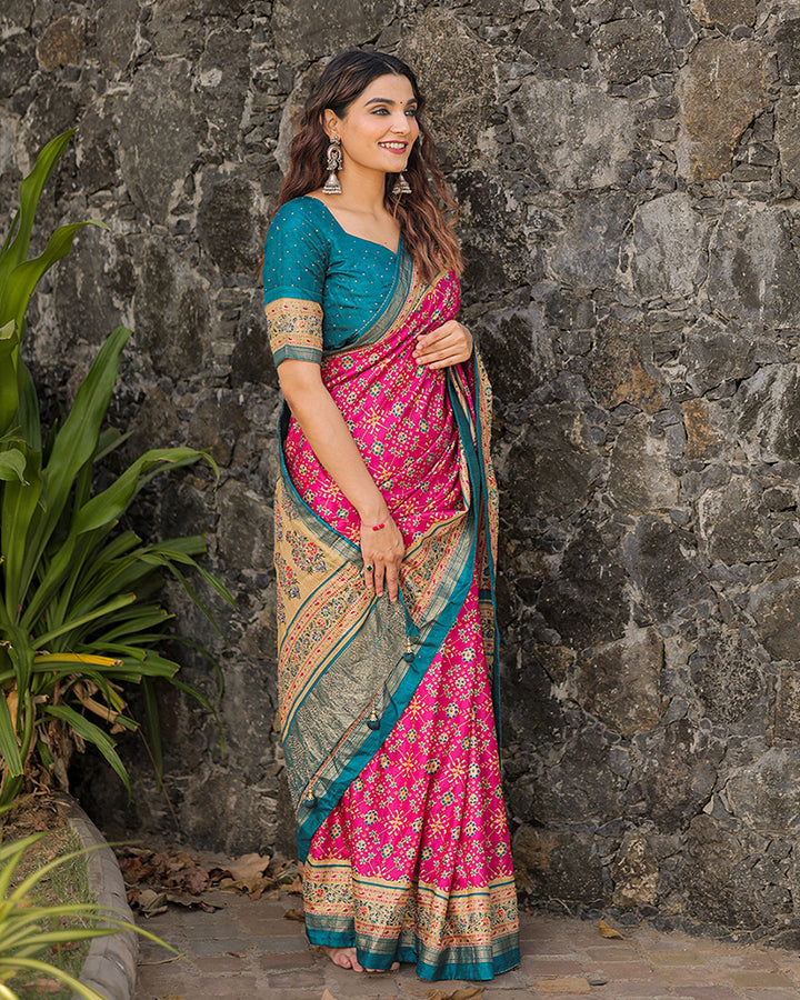 Pink Color Foil Print Stone Work Dola Silk Saree