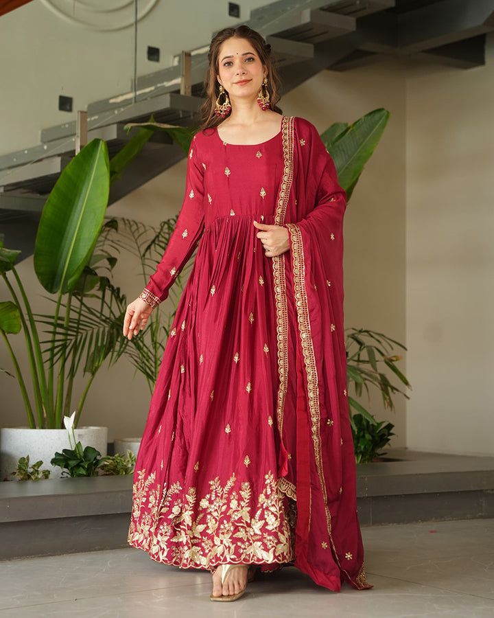 Beautiful Red Color Chinnon Gown With Embroidered Dupatta