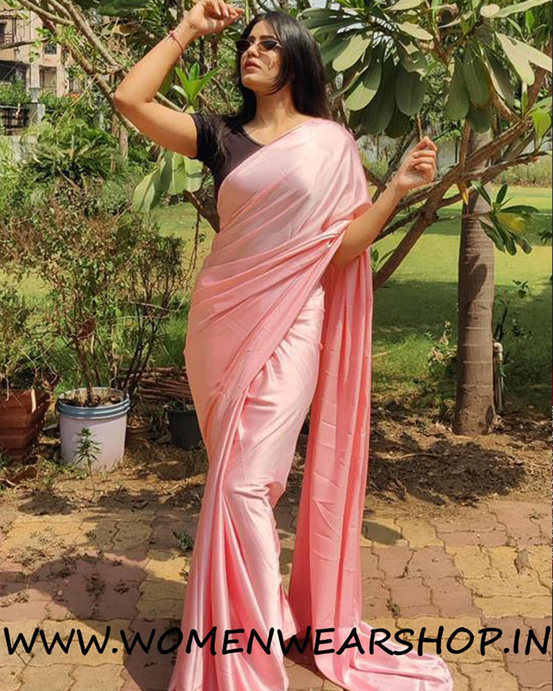Pink Satin Silk Ready To Wear Saree