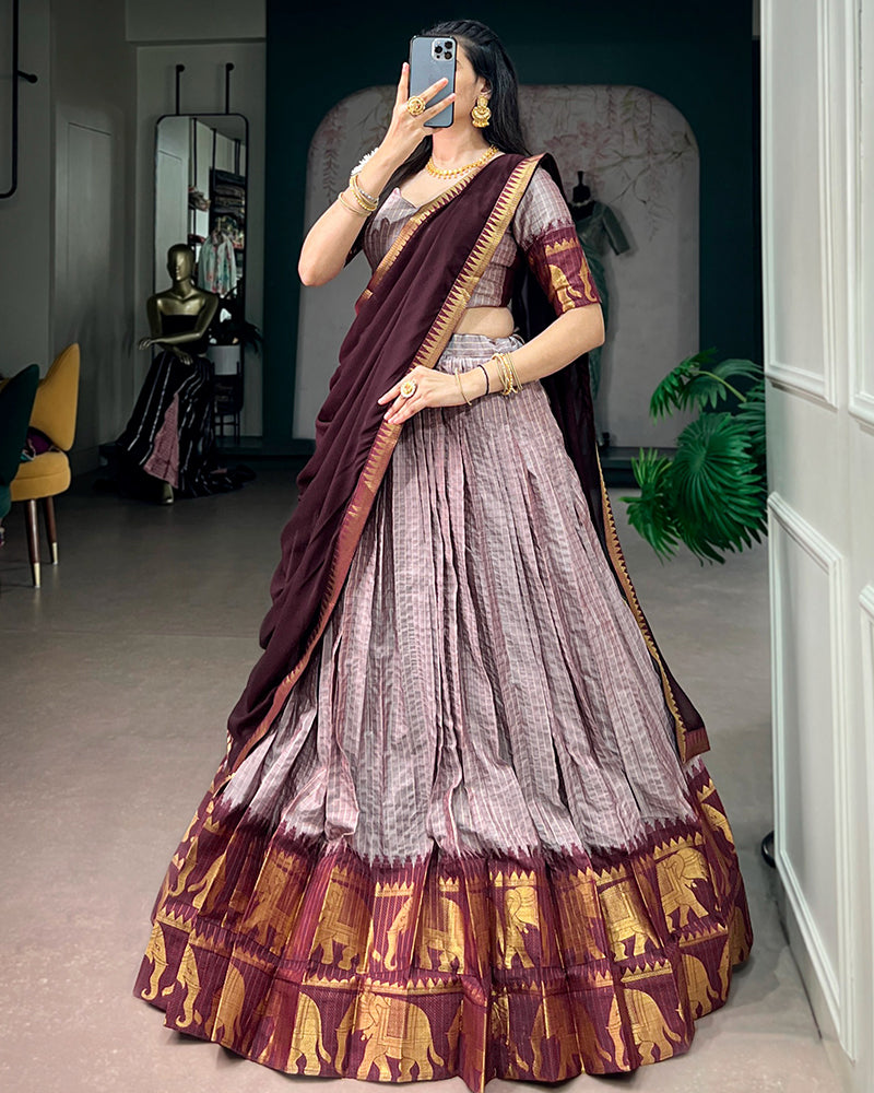 Dusty Luvender Color Poly Cotton Chex Onam Half Saree