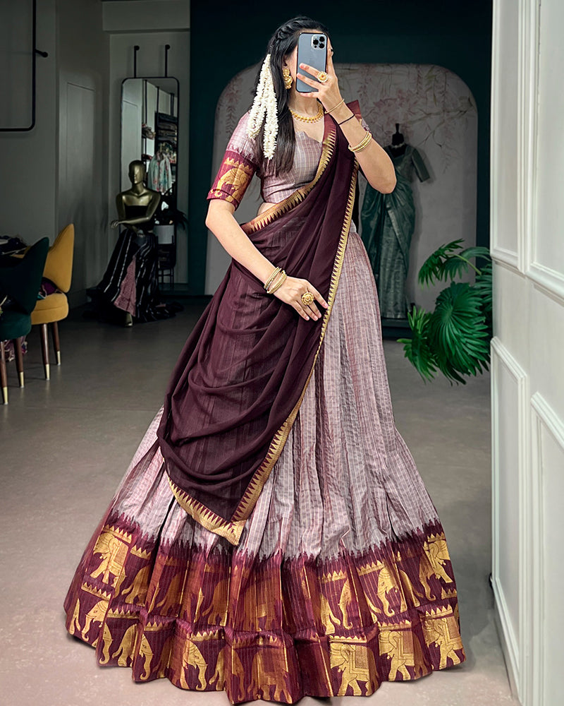 Dusty Luvender Color Poly Cotton Chex Onam Half Saree