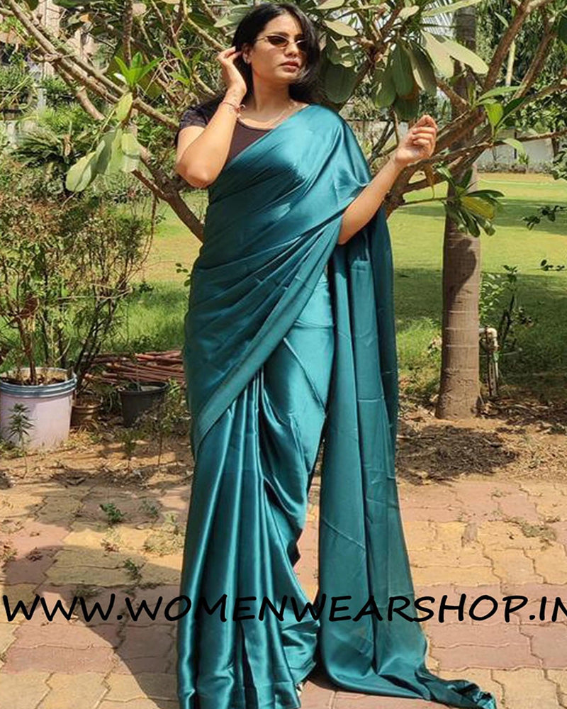 Green Satin Silk Ready To Wear Saree