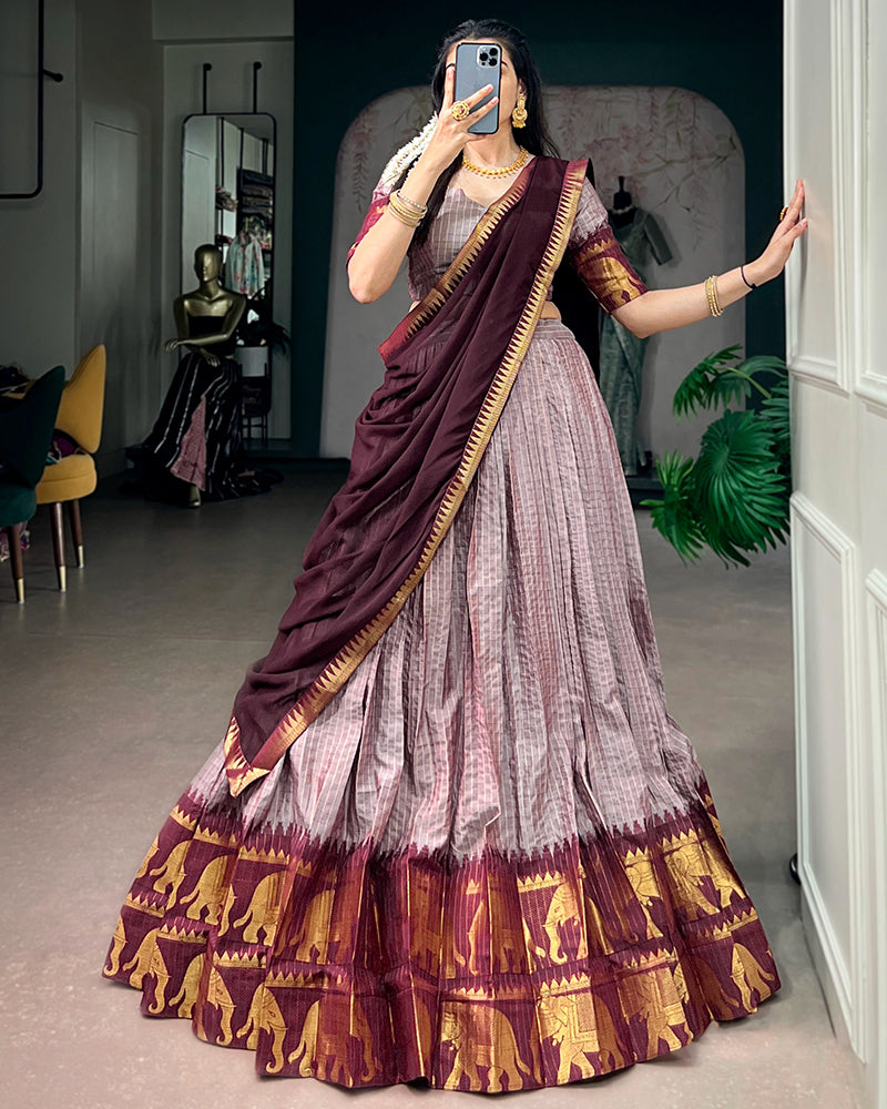 Dusty Luvender Color Poly Cotton Chex Onam Half Saree